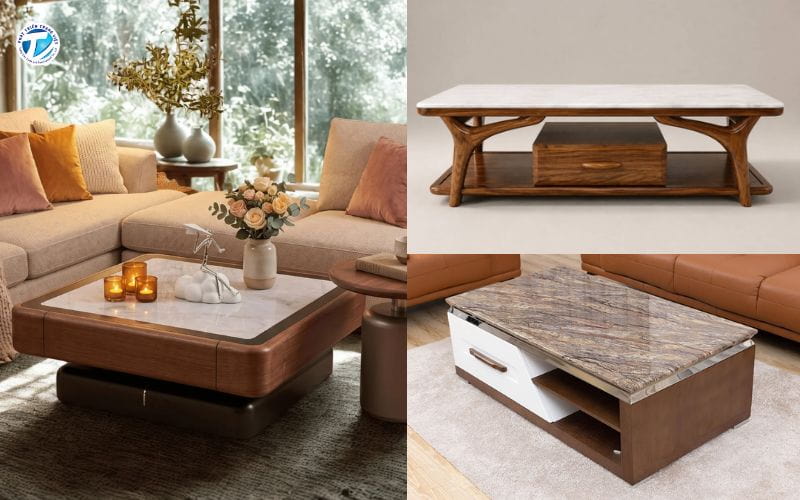 Bàn trà mặt đá nhân tạo gốc thạch anh (Quartz) khung gỗ